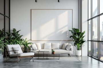 Mockup of blank wall with poster in office room created with Generative AI