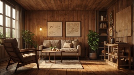 Cozy Living Room with Wooden Interior , featuring a large window. The room is furnished with a brown leather sofa, a wooden coffee table, and an armchair. There are plants and decorative items.