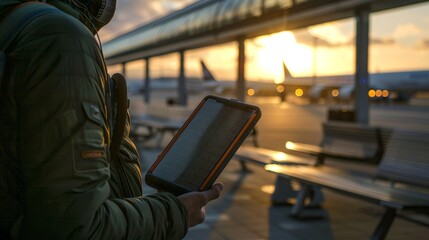A traveler using a solar charger to charge their phone and camera while waiting for a delayed flight at an airport.