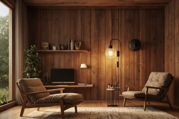 A cozy, rustic living room with wooden walls, floor, and ceiling. The room features a large window with sheer curtains, comfortable leather armchair. Plants and decorative items