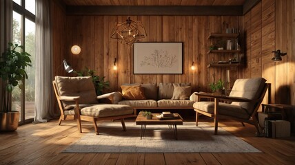 Cozy Living Room with Wooden Interior , featuring a large window. The room is furnished with a brown leather sofa, a wooden coffee table, and an armchair. There are plants and decorative items.