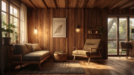 Cozy Living Room with Wooden Interior , featuring a large window. The room is furnished with a brown leather sofa, a wooden coffee table, and an armchair. There are plants and decorative items.
