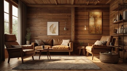 Cozy Living Room with Wooden Interior , featuring a large window. The room is furnished with a brown leather sofa, a wooden coffee table, and an armchair. There are plants and decorative items.