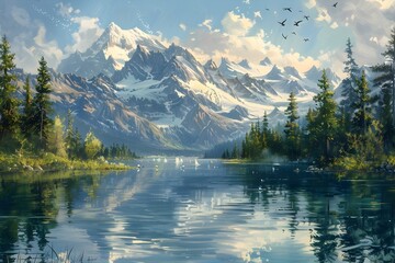 Fototapeta premium Serene Mountain Lake with Mirrored Surface and Snow-Capped Peaks