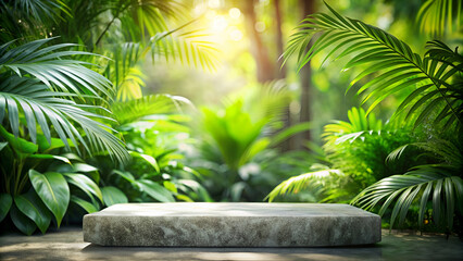 Stone tabletop podium floor in tropical garden forest nature background