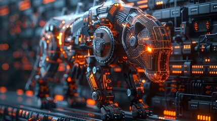 Fototapeta premium Robotic Animal Analyzing Digital Schematics with Advanced Technology