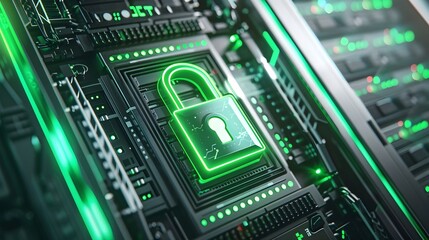 Secure Digital Server with Green Padlock Cybersecurity Element Futuristic