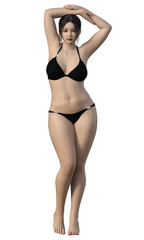 黒いビキニ姿のぽっちゃり体型の女性のイラスト 日本人3Dモデルの全身正面