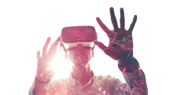 Person using virtual reality headset with light effects, exploring virtual environment with hands outstretched, experiencing immersive technology.