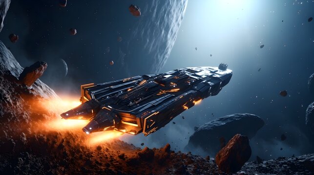 Sleek Futuristic Spaceship Soaring Through Asteroid Field Toward Distant Galaxy