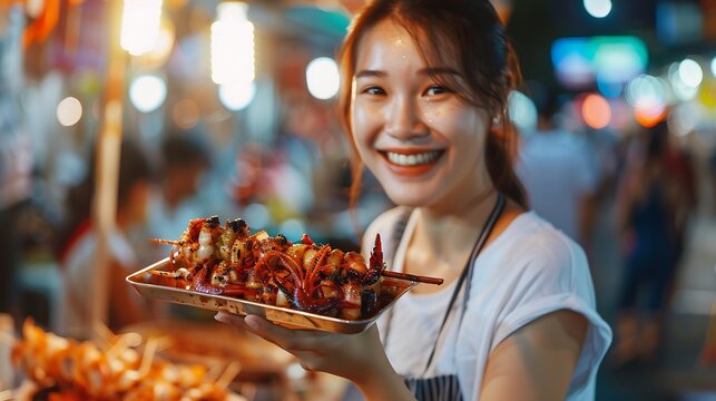 Poeple travel and eating street food concept Happy young adult asian foodie woman holding spicy grilled squid at southeast asia Chinatown market : Generative AI