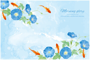 水彩手書きの青い朝顔と金魚の背景