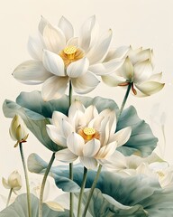 Fototapeta premium Delicate White Lotus Flowers,Graceful Petals,Intricate Botanical Study in Soft Watercolor
