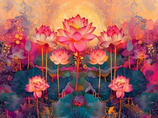 Vibrant Celestial Thai Silk Painting with Ornate Floral Patterns and Gilded Decorative Elements