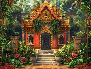 Radiant Thai Ornamental Palace Architecture with Exotic Tropical Foliage and Serene Deity Figures