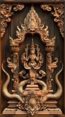 Fototapeta premium Captivating Thai Wood Carving with Ornate Architecture,Dynamic Foliage and Graceful Deity Figures in Digital Art