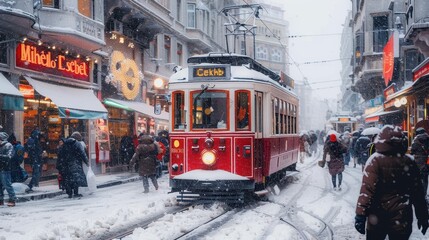 A vintage tram travels through a snow-covered street surrounded by busy city life and falling snowflakes
