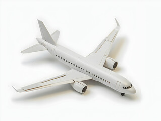 High-angle view of a white commercial airplane model isolated on a plain white background, ideal for travel or aviation concepts.