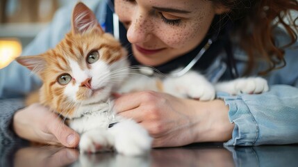 Close-up image of a comfortable orange cat with partial blurred image of a person stroking it, representing care