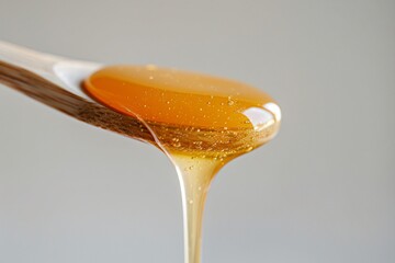 Honeybee hovering near wooden honey dipper with dripping golden honey. Nature and sustainability concept.