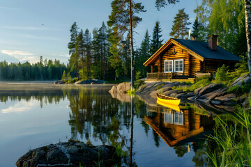 Fototapeta premium Small wooden house sitting on river, beautiful nature background