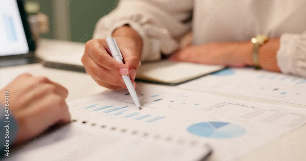 Aufkleber Business people, statistics and paperwork with planning for financial review with growth chart and graphs. Hands, teamwork and brainstorming with discussion with data analytics for company investment