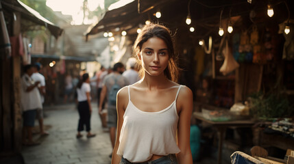 Casual Woman in White Crop Top at Bustling Outdoor Market