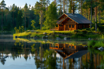 Fototapeta premium Small wooden house sitting on river, beautiful nature background