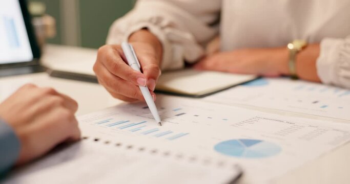 Business people, statistics and paperwork with planning for financial review with growth chart and graphs. Hands, teamwork and brainstorming with discussion with data analytics for company investment