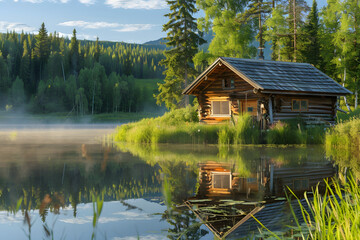 Obraz premium Small wooden house sitting on river, beautiful nature background