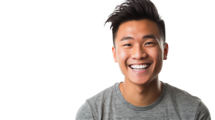 portrait of a happy young Asian man isolated on transparent background, smiling boy cut out 