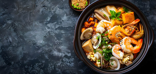 A bowl of hot and hearty oden with various seafood and vegetables