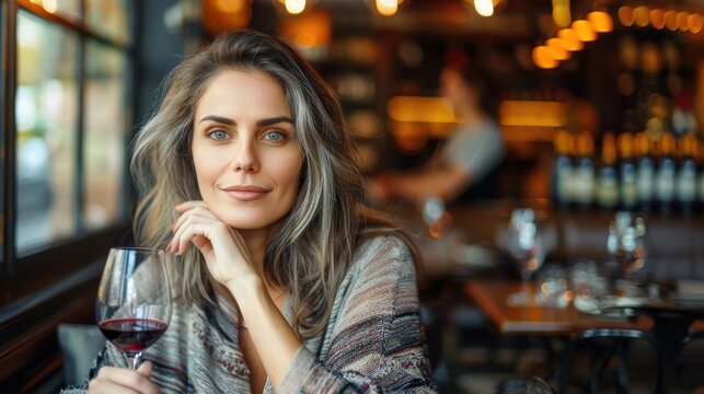 A poised woman with captivating eyes holds a glass of wine, seated at a bistro with ambient lighting