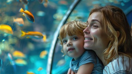 Close-up of a mother and child relishing their time watching fish at an aquarium