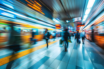 Capturing rush hour at a busy train station with blurred commuters and luggage moving quickly