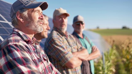 A group of farmers discussing how their decision to switch to solar energy has not only reduced costs but also benefited the environment.
