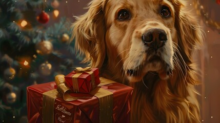 Close up view of cute golden retriever sitting with gift box in mouth near Christmas tree at home. 