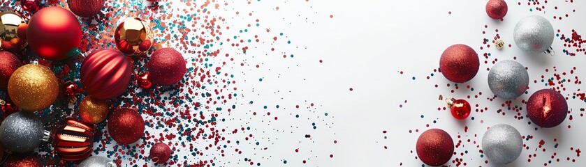 Obraz premium Festive Christmas background with red and silver ornaments and scattered confetti, creating a cheerful holiday atmosphere.