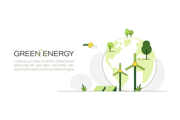 Green Energy Concept. Sustainable renewable energy sources. Environmental, Social, and Corporate Governance concept. Flat Vector illustration.
