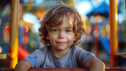A close-up of a boy with curly hair at the playground, showing a soft smile and expressive eyes