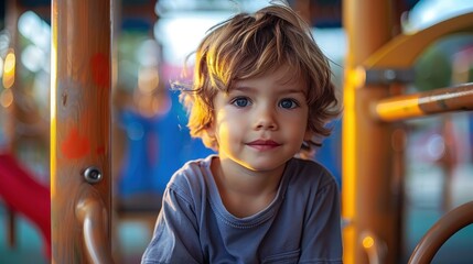 Close-up of a curly-haired boy at the playground, showing a look of contentment in the sunlight