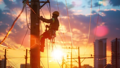 Electrician Working on Power Lines at Sunset