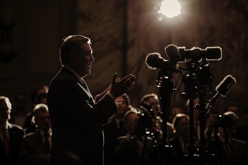 Politician Addressing the Press with a Serious Expression