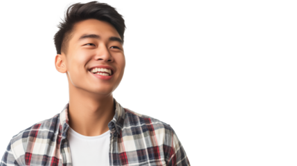 portrait of a happy young Asian man isolated on transparent background, smiling boy cut out 