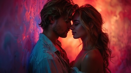 An intimate moment captured between two people with obscured faces, focusing on mood and color