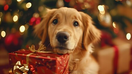 Close up view of cute golden retriever sitting with gift box in mouth near Christmas tree at home. 
