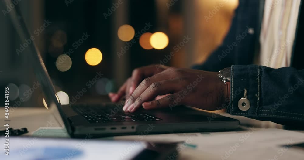 Poster Black man, laptop and hands at night in office with working for business or website with technology. Digital, planning or accounting with broker for overtime on internet or searching app with trader.
