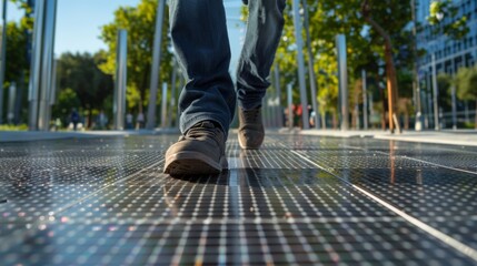 A pedestrian walking on a sidewalk made of solar roadway panels.