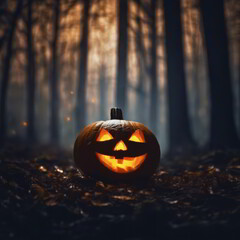 Jack-o-Lantern in a Dark Forest at Night
