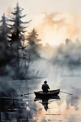 안개낀호수에서 낚시하는 사람